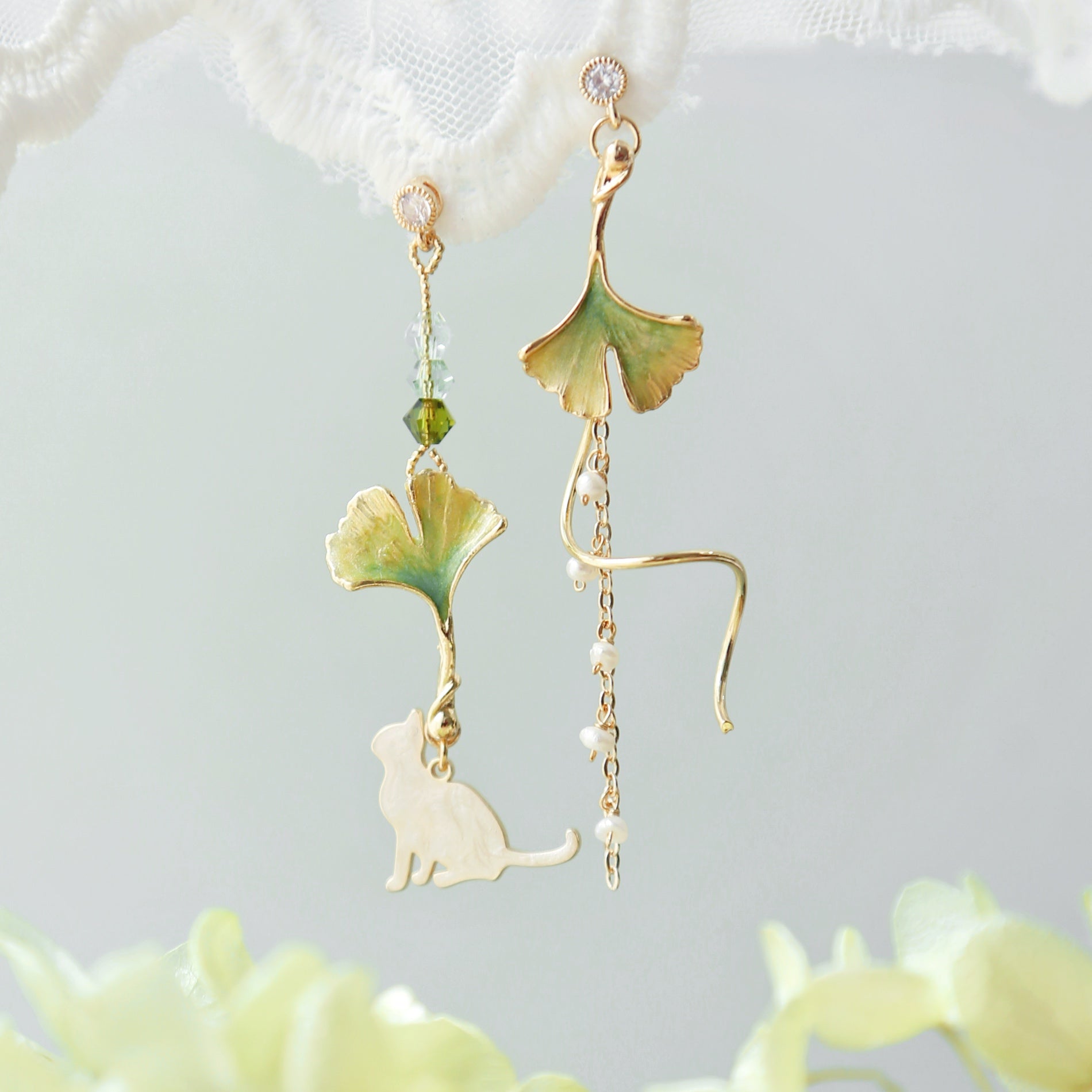 Ginkgo Leaf and Cat Drop Earrings