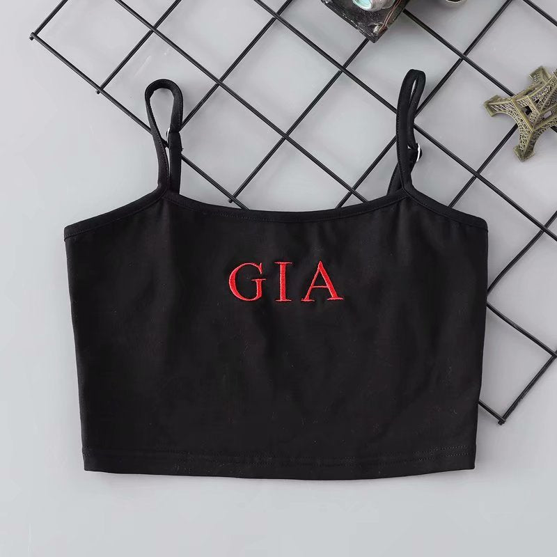 Red GIA Embroidered Cropped Spaghetti Tank Top
