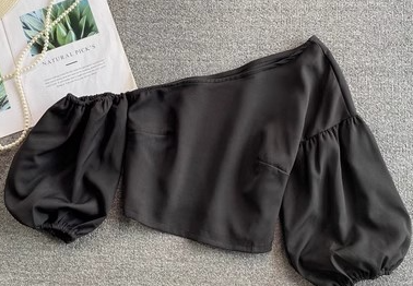 Oblique Collar Off-Shoulder Puff Sleeve Crop Top
