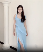 Asymmetric Ruffle High-Slit Midi Dress