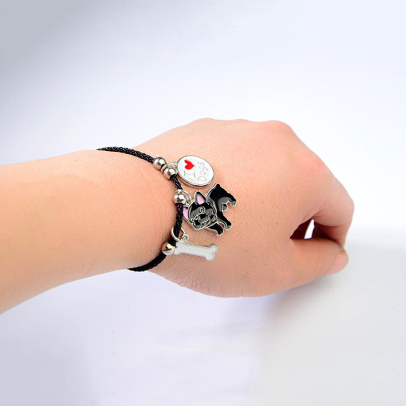 Enamel Dog Charm Leather Cord Bracelet