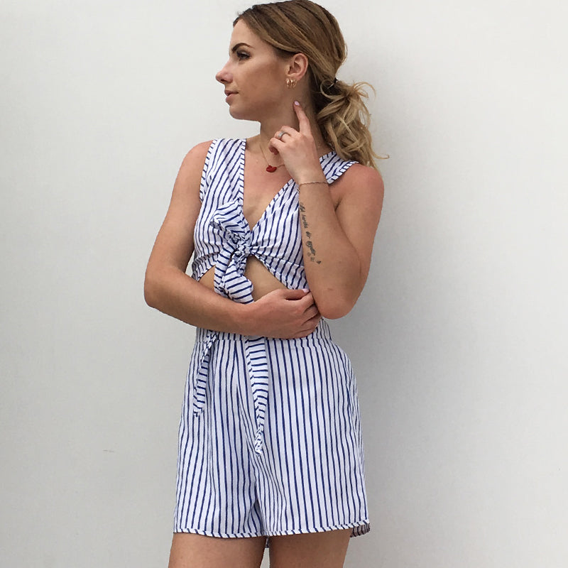 LIVA Women's Summer Striped V-Neck Top and Shorts Set