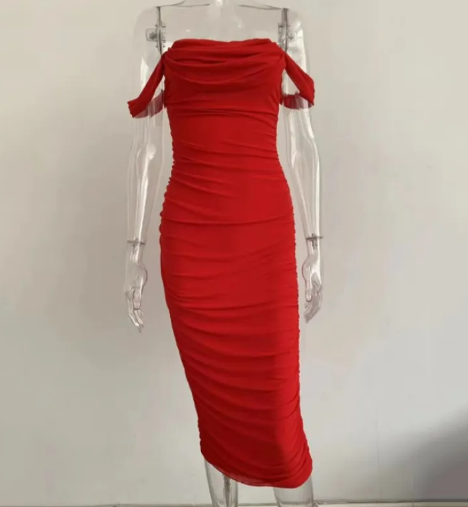 Off-Shoulder Ruched Bodycon Midi Dress