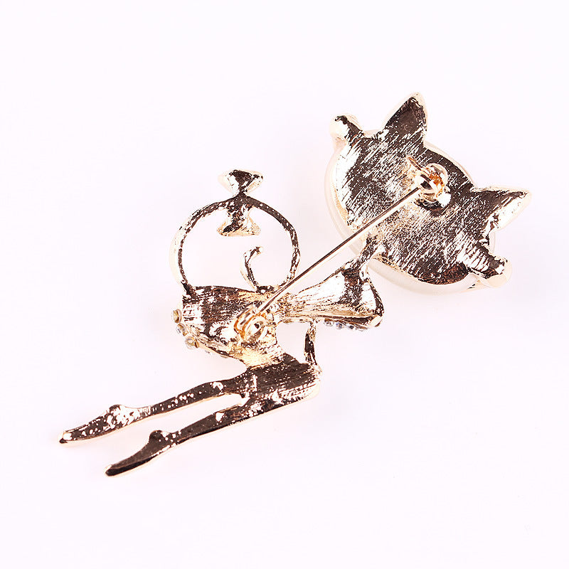 Cat Rhinestone Opal Brooch