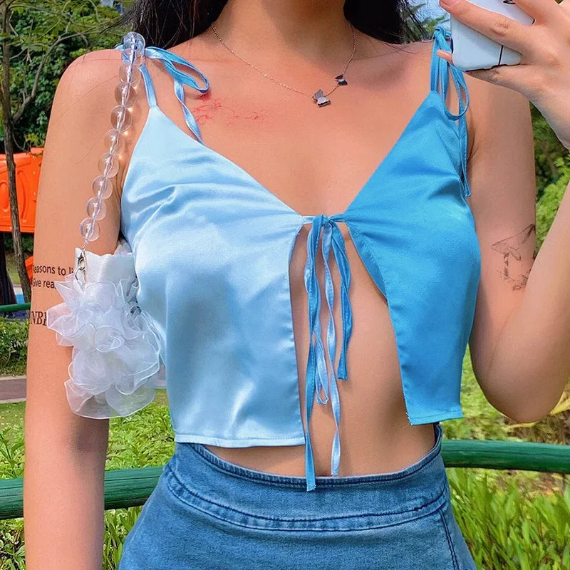 Casual Blue Satin V-neck Crop Top for Women