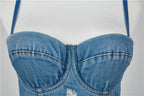 Korean Style Vintage Denim Crop Top for Women