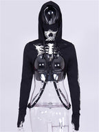 2022 Black Women's Punk Hooded Skull Crop Top Sweatshirt | Streetwear