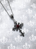 Silver Gothic Cross Necklace with Red Crystals
