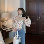 Women's Chiffon Printed Crop Top Long Sleeve Shirt