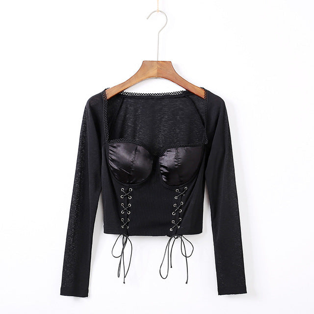2019 Women's Long Sleeve Square Collar Lace Up Crop Top