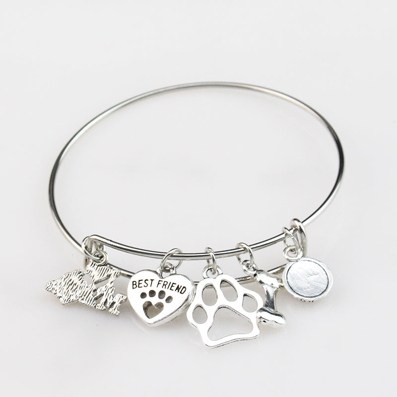 I Love My Dog Charm Bangle Bracelet with Paw Print