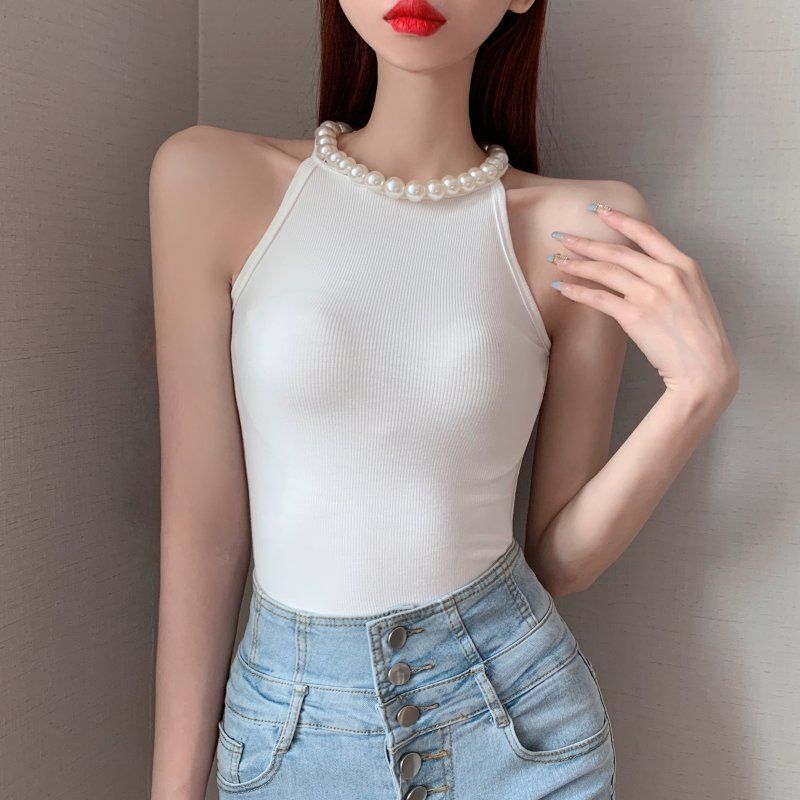 French Off Shoulder Slim Solid Tank Top for Women