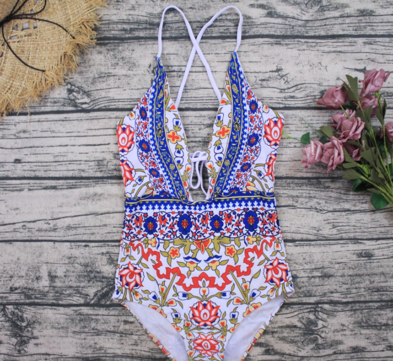 Boho Floral Deep-V One-Piece Swimsuit
