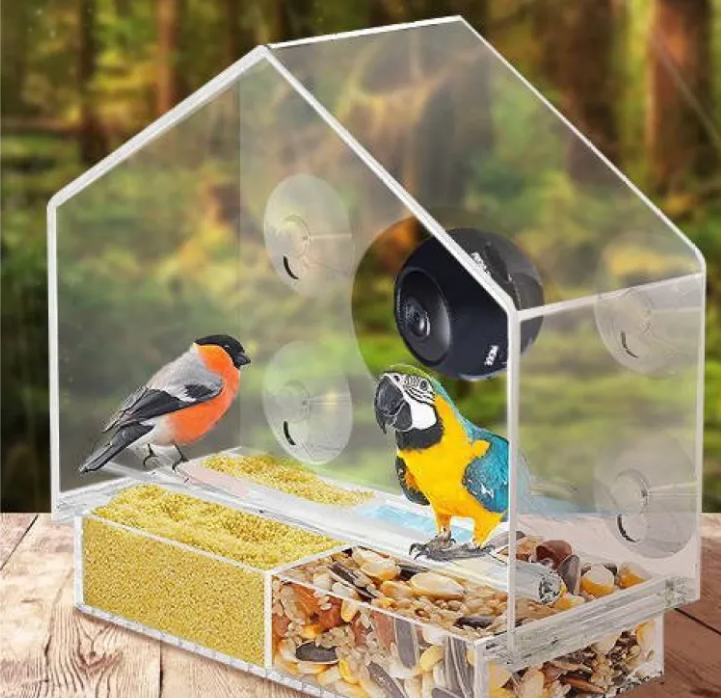 Clear Acrylic Window Bird Feeder with Strong Suction Cups House-Shaped Transparent See-Through Seed Tray for Close-Up Bird Watching