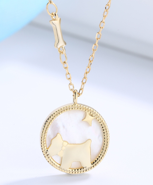 Gold Dog Pendant Necklace with Shell Inlay