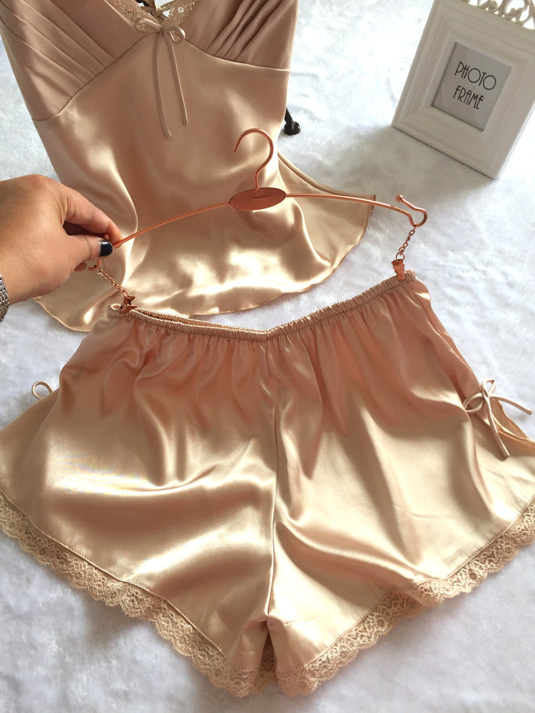 New V-Neck Lace Silk Women's Sleepwear Set