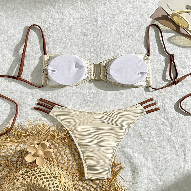 Cream Textured Bandeau Bikini Set