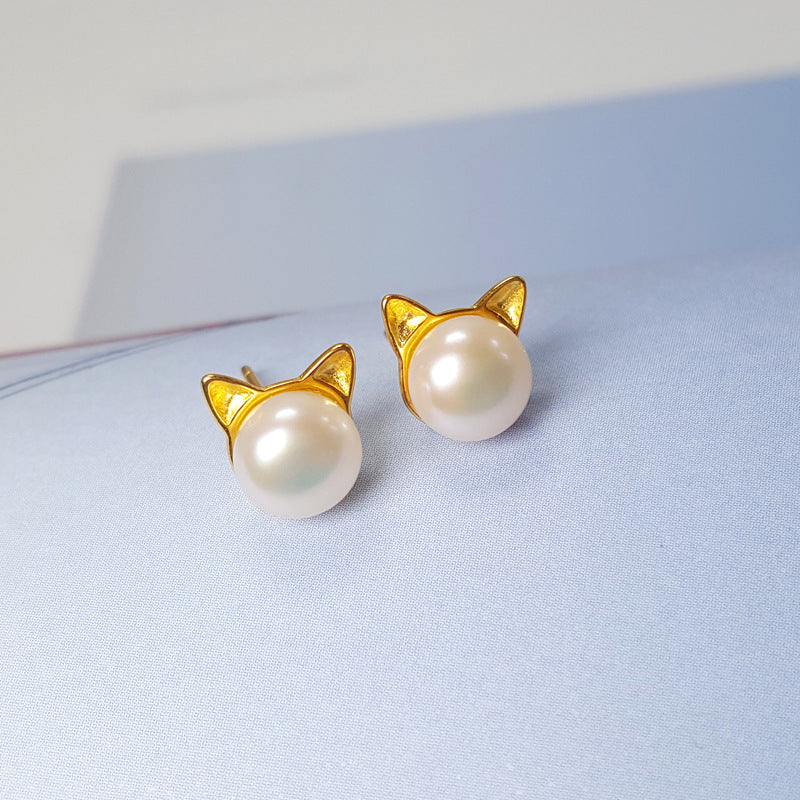 Silver Freshwater Pearl Cat Ears Stud Earrings