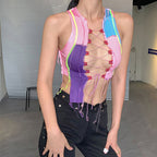 Color-Blocked Lace-Up Short Fitted Tank Top