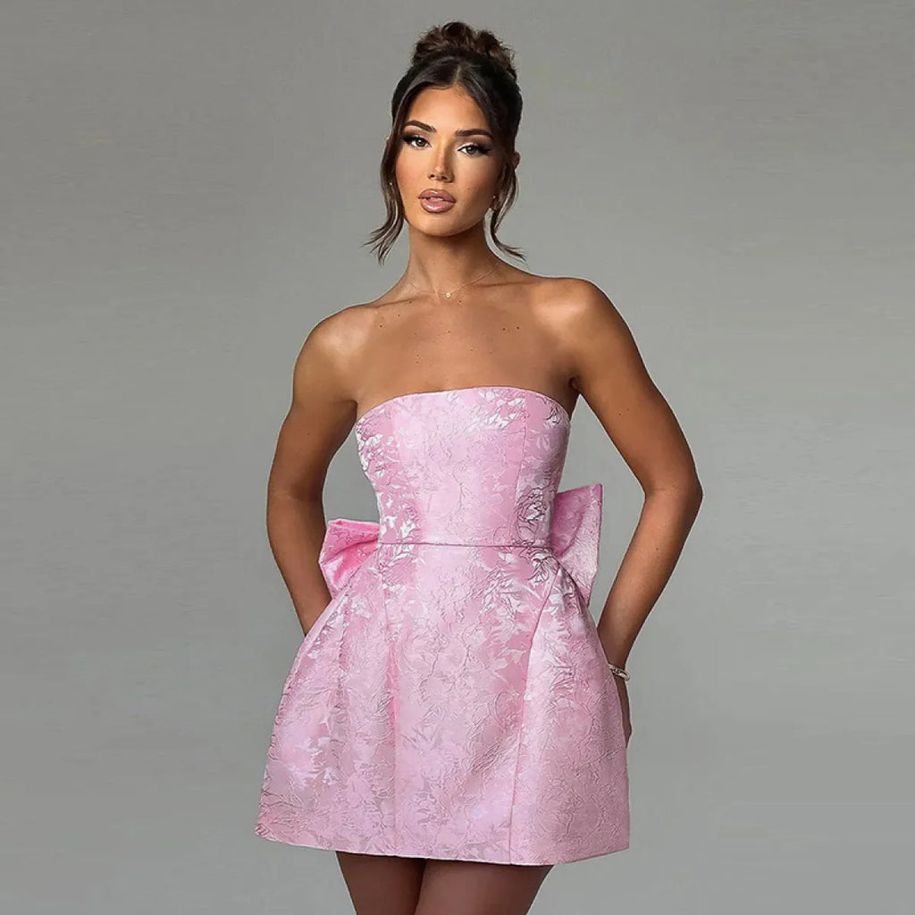 Strapless Jacquard Bow Mini Dress