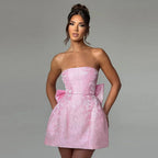 Strapless Jacquard Bow Mini Dress