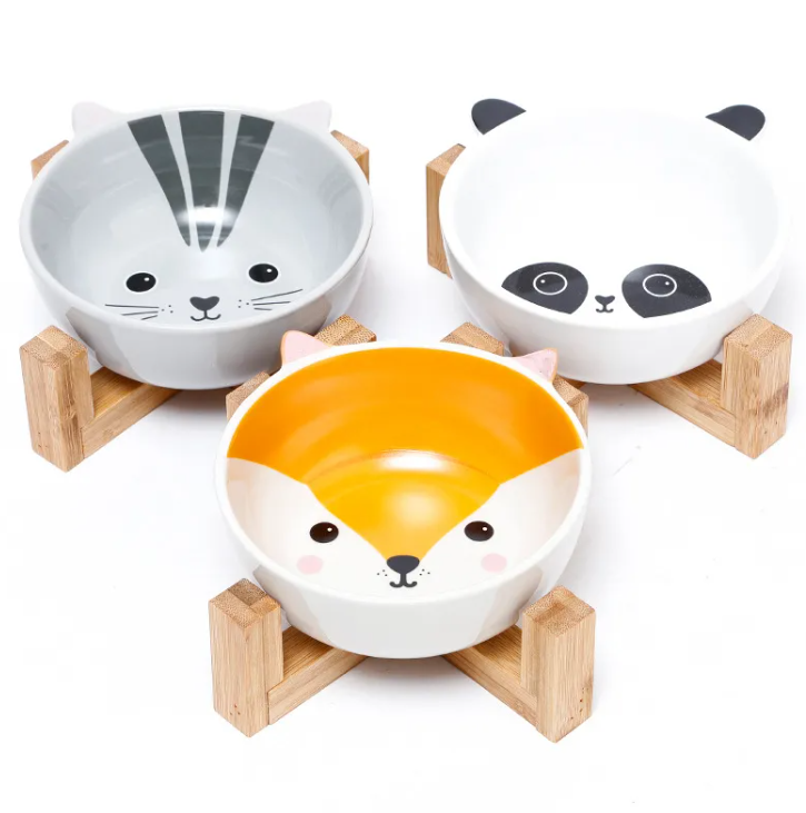 Cute Ceramic Pet Bowl with Bamboo Stand, Cartoon Animal Face Design, Elevated Non-Slip Food & Water Dish for Cats & Small Dogs