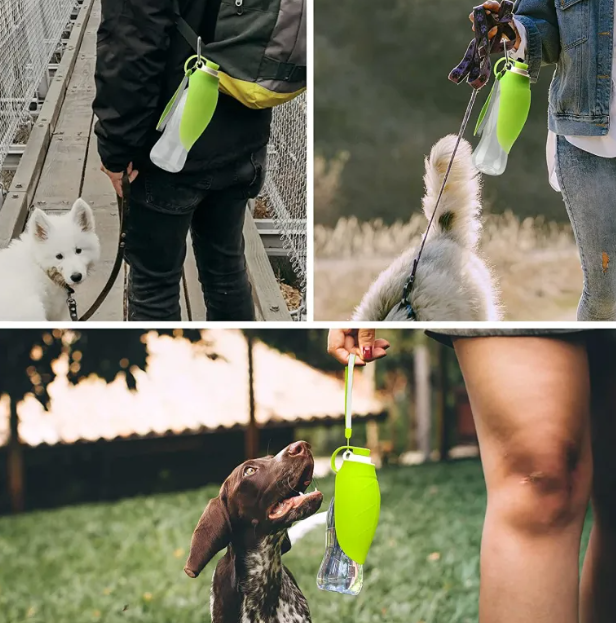 Portable Dog Water Bottle for Walking & Travel, 580ml Leak-Proof Silicone Dispenser with Fold-Out Drinking Bowl & Wrist Strap