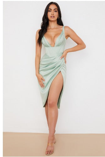 Corset V-Neck Satin Mini Dress with High Slit