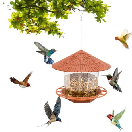 Hanging Wild Bird Feeder Outdoor Gazebo Gravity Seed Dispenser with Clear Reservoir and Multi-Port Feeding Tray for Garden Yard