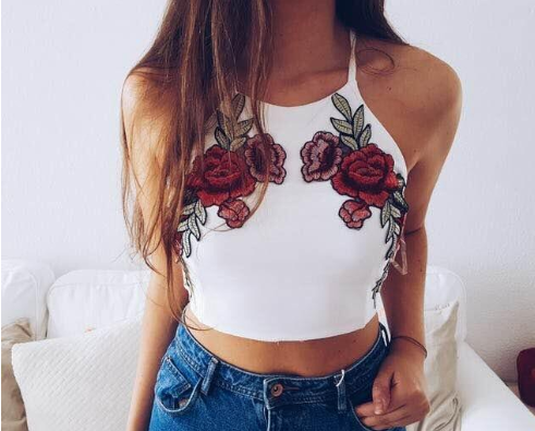 Embroidered V-Neck Tank Top with Tie Detail