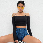 Metal Chain Sexy Off-Shoulder Cropped Top with Long Sleeves