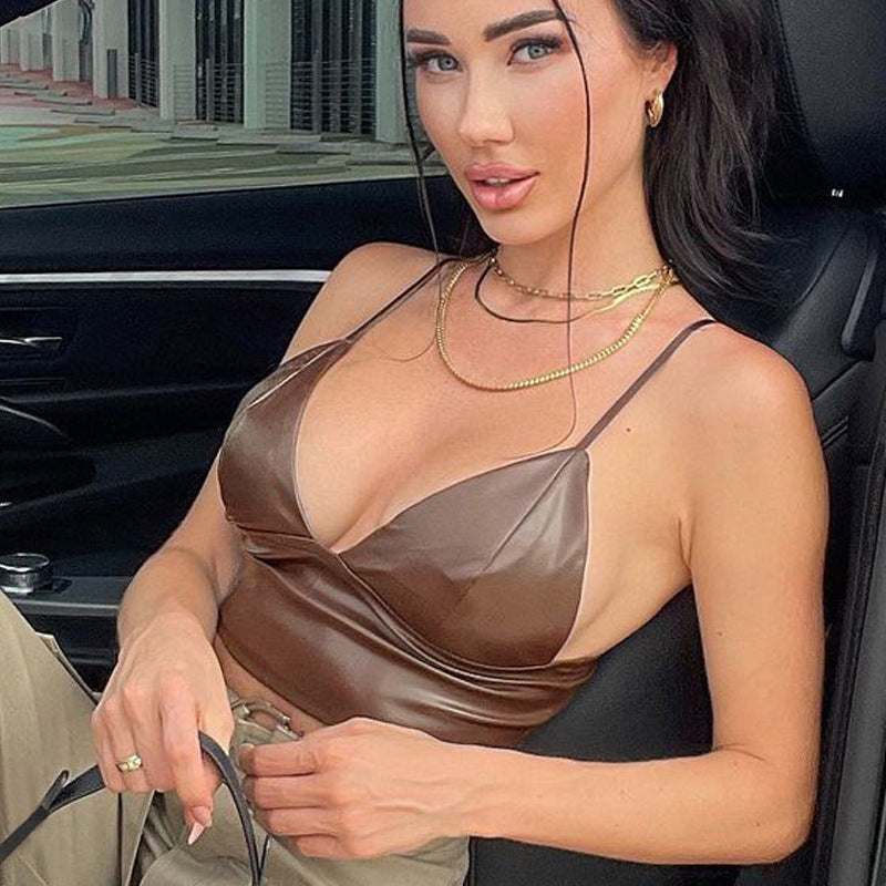 Ladies Sleeveless V Neck Slim Leather Crop Top