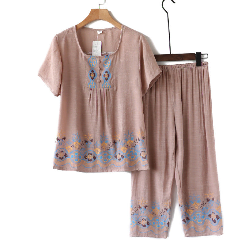 Cotton Linen Short Sleeve Set for Elderly Sleepwear