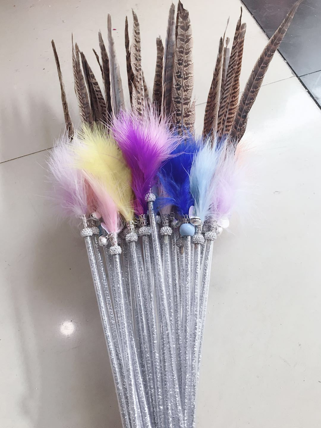 Feather Cat Teaser Wand Interactive Cat Toy with Natural Pheasant and Fluffy Marabou Feathers Bell Glitter Wand for Indoor Cats Kittens