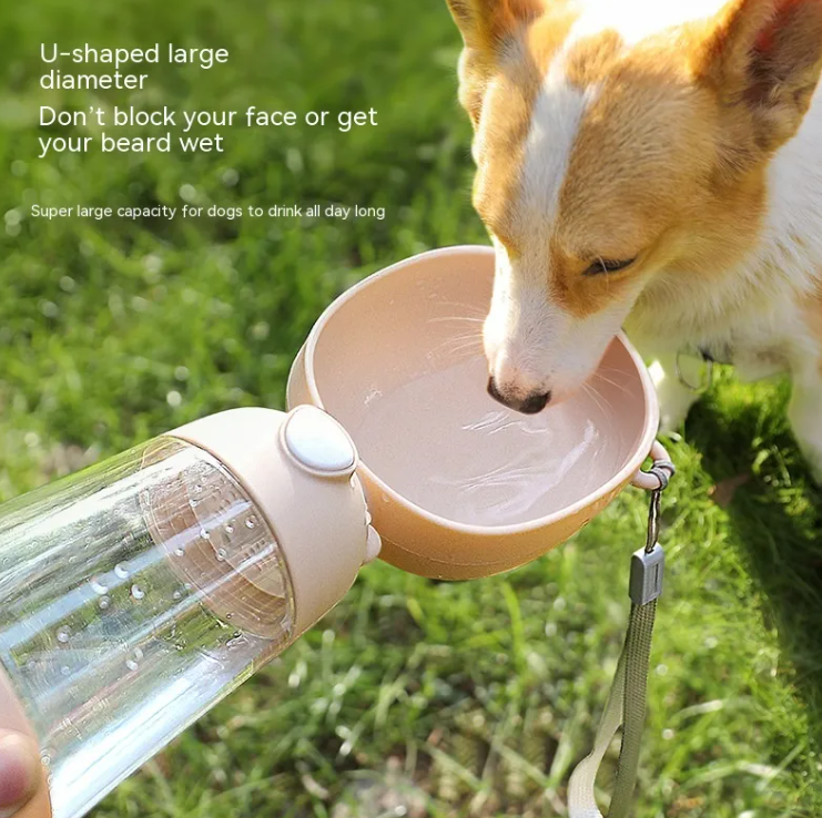 Portable Dog Water Bottle 550ml Leak-Proof Travel Drinking Dispenser with Flip-Up Bowl and Food Compartment for Walks and Hiking