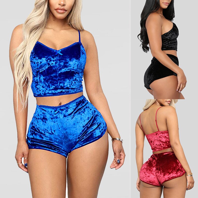 Velvet Sleepwear Set for Women - Spaghetti Strap & Shorts