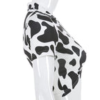 V-Neck Short Sleeve Cow Print Crop Top with Cutout Ring