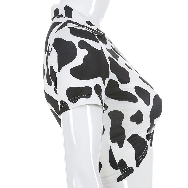 V-Neck Short Sleeve Cow Print Crop Top with Cutout Ring