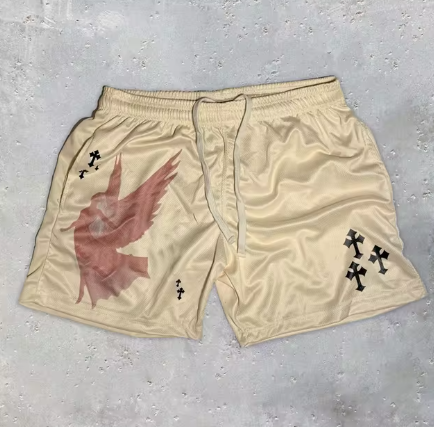 Angel and Cross Print Mesh Gym Shorts