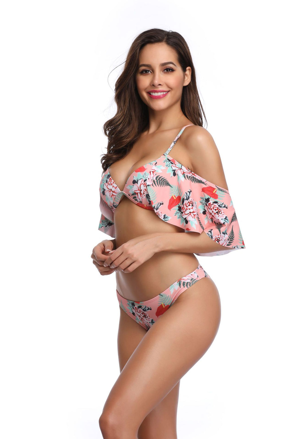 Striped Fruit Print Cold-Shoulder Ruffle Bikini Set
