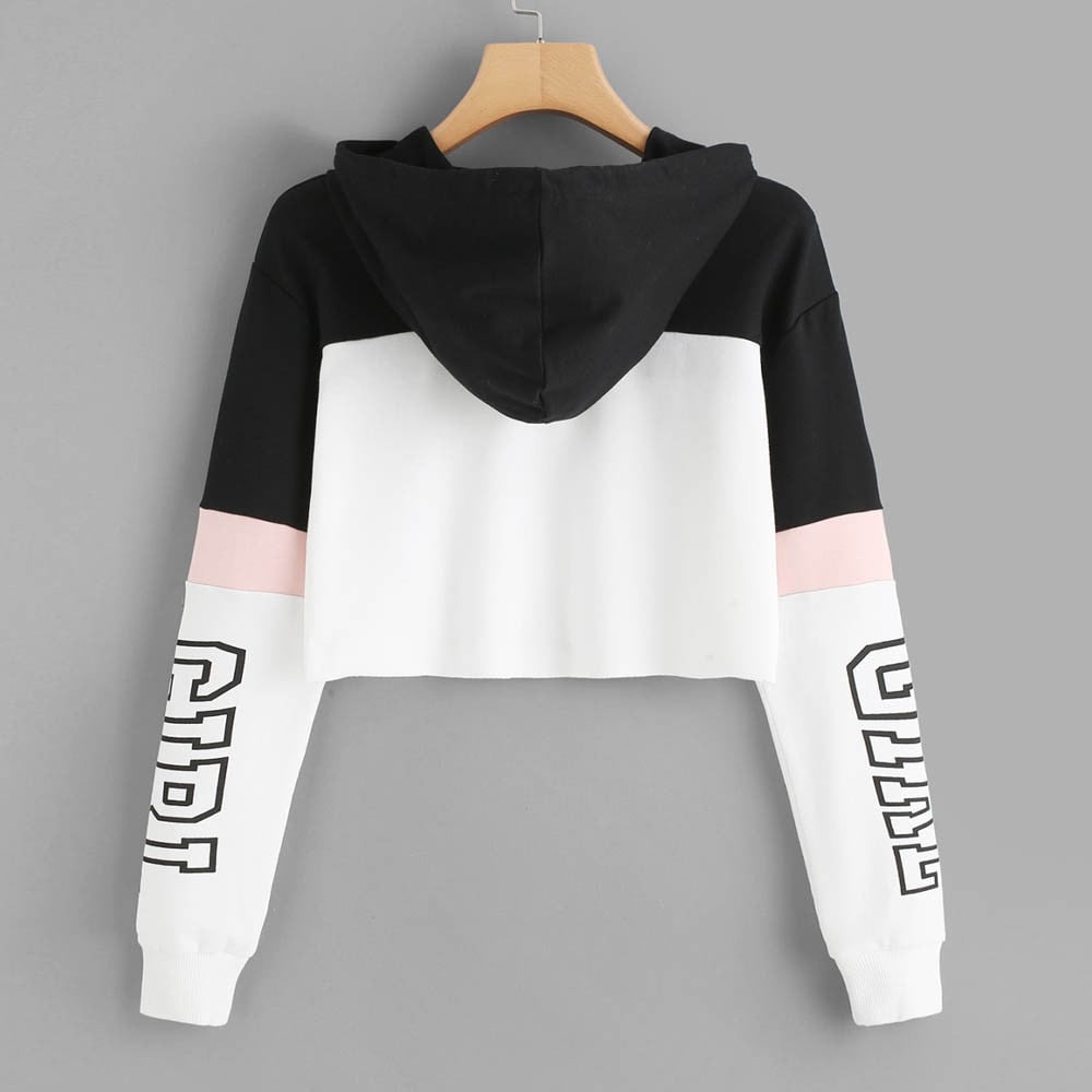 Patchwork Crop Top Hoodie Sweatshirt for Women | Streetwear