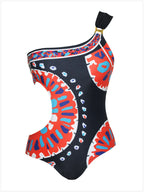 One-Shoulder Cutout Tribal Print One-Piece Swimsuit