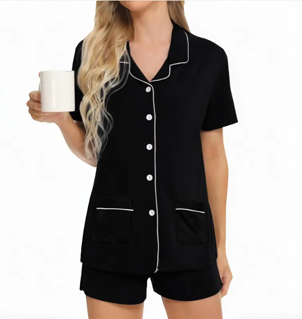 Women's Modal Button Lapel Striped Pajama Set (Short Sleeve & Shorts, European & American Style)