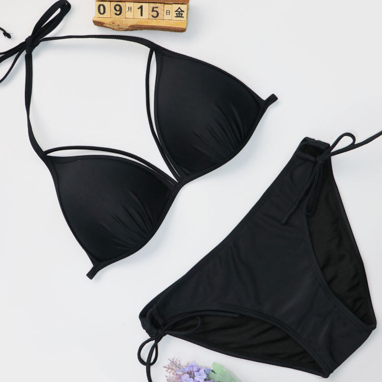 Solid Black Halter Triangle Bikini Set