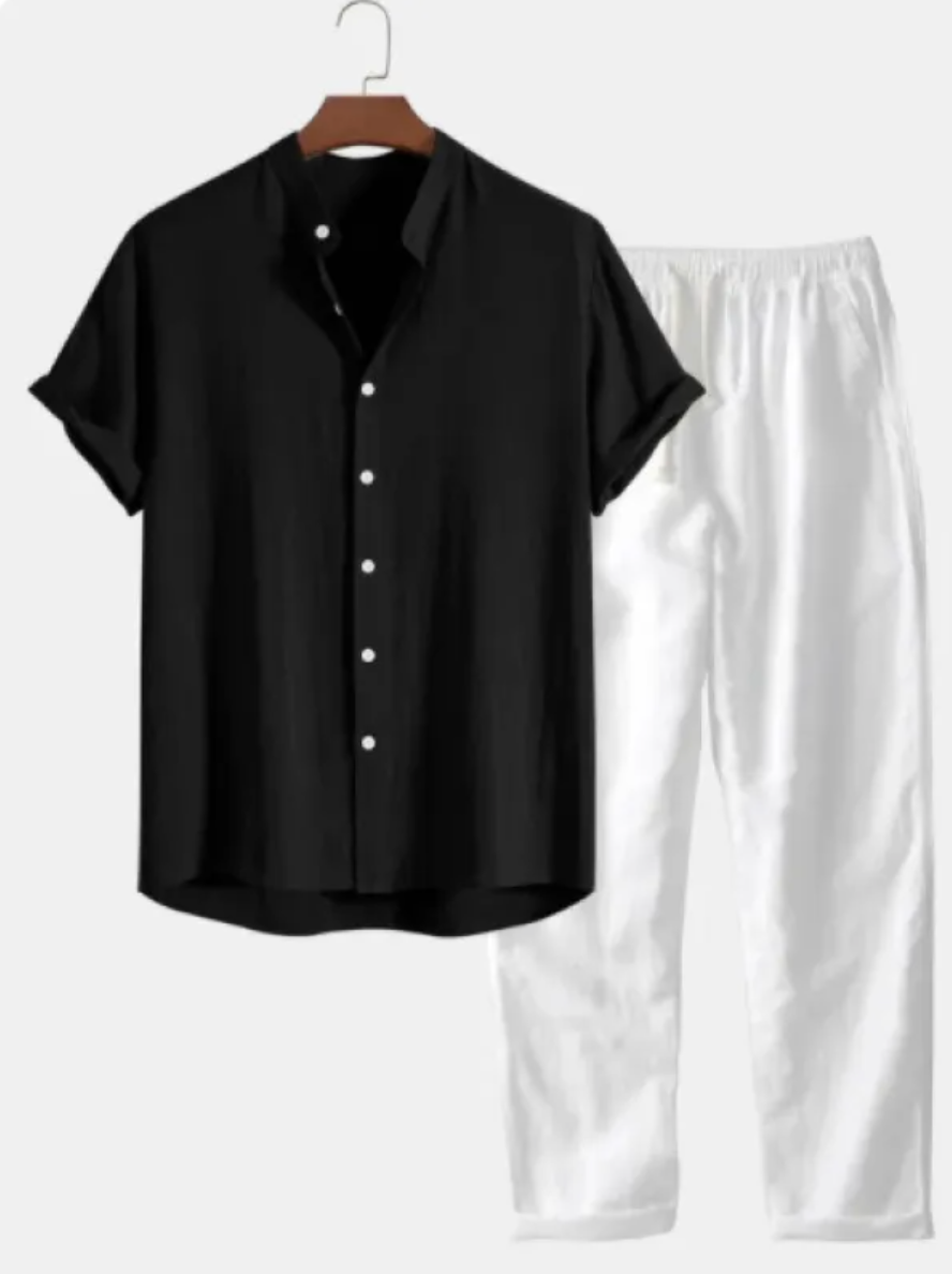 Cotton-Linen Beachwear Short Sleeve Suit