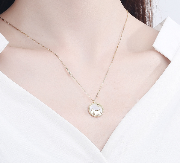 Gold Dog Pendant Necklace with Shell Inlay