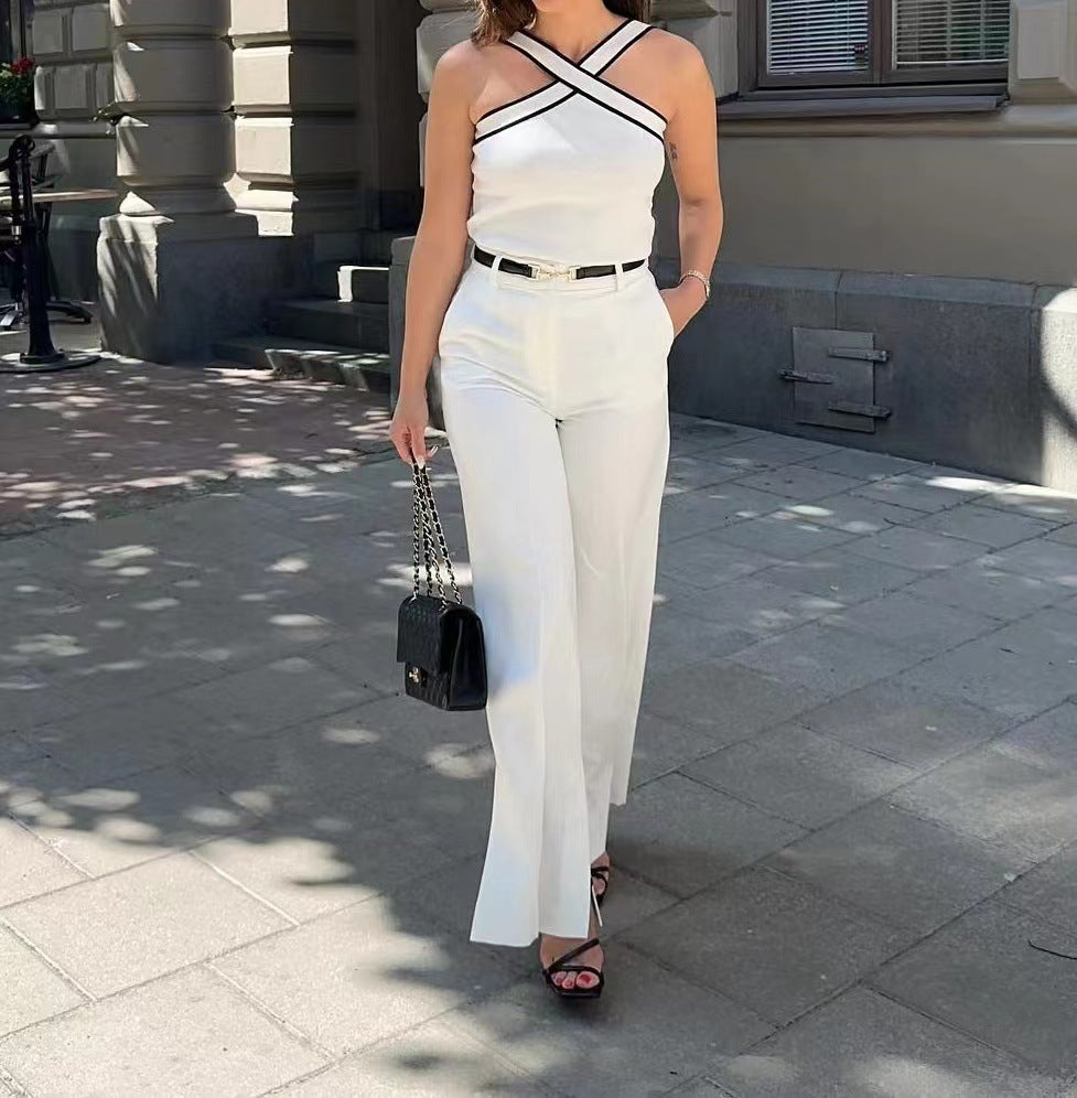 Criss-Cross Strap Contrast-Trim Knit Crop Top