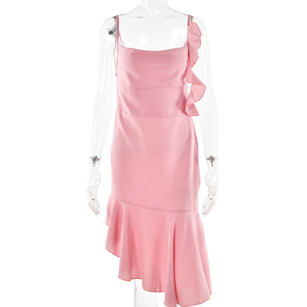 Satin Spaghetti-Strap Ruffle Asymmetric Slip Dress
