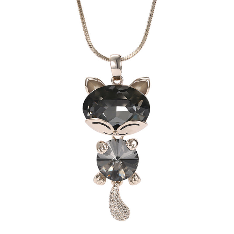 Long Sweater Chain with Crystal Cat Pendant