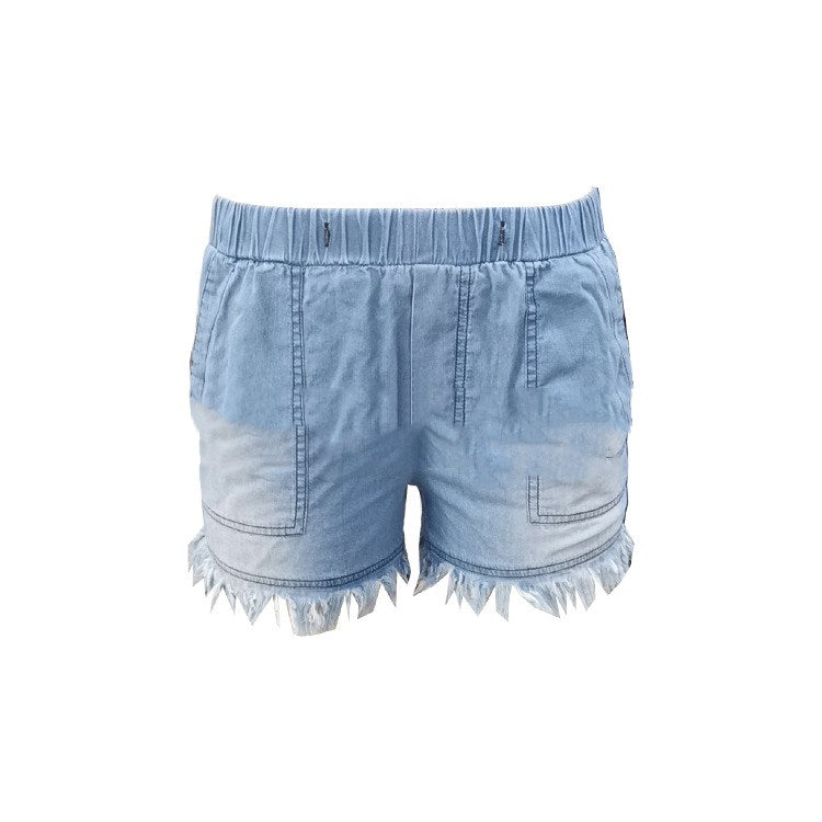 Women's Denim Shorts with Fringe and Elastic Waist